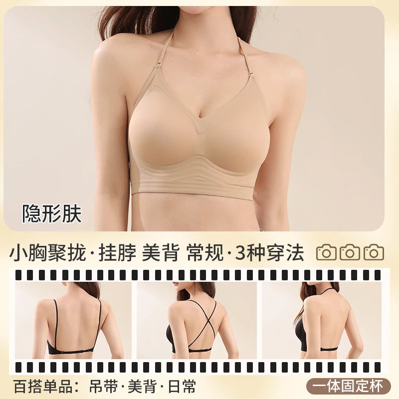 American Style Backless Bra Or Women Multiway Halter Bralette Push Up Small Chest Gather Sexy Cross U Back No Underwire Seamless