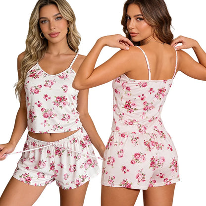 2Pcs Satin Pajama Set for Women Sleepwear Sexy Strap Vest Top Shorts Nightwear Pijamas Sexy Lingerie Sleep Shorts Set Sleepwear