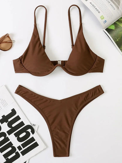 Sexy Neon V-bar Underwired Bikini 2025 Female Ribbed Swimsuit Women Thong Swimwear Two-pieces Bikini set Push up Bathing Suit