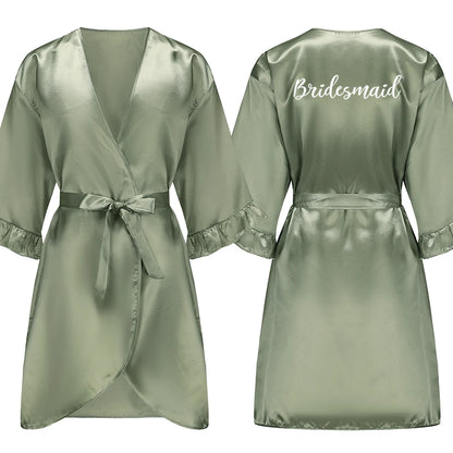 Grass Green Bride Satin-Silk Robe Women Bridal Party Sister Team Mother Shower Gift Bridesmaid Wedding Short Robes with Ruffle