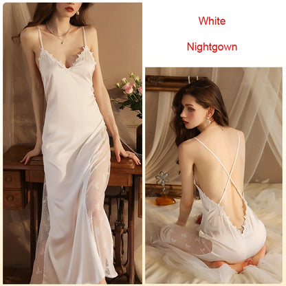 Women Backless Kimono Dressing Gown Sexy Perspective Nightgown Satin Sleepdress Lace Patchwork Nightwear Ultra Long Loungewear