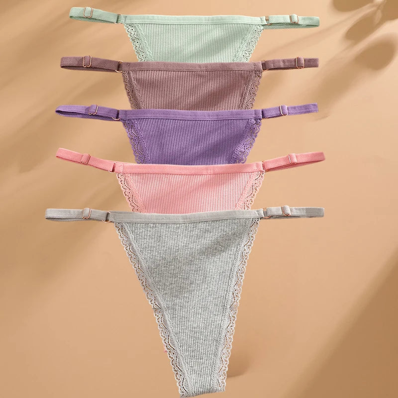5PCS/Set Cotton Panties Sexy G-String Women's Underwear T-Back Lingerie Femme Underpants Briefs Adjustable Waist Thong Intimates