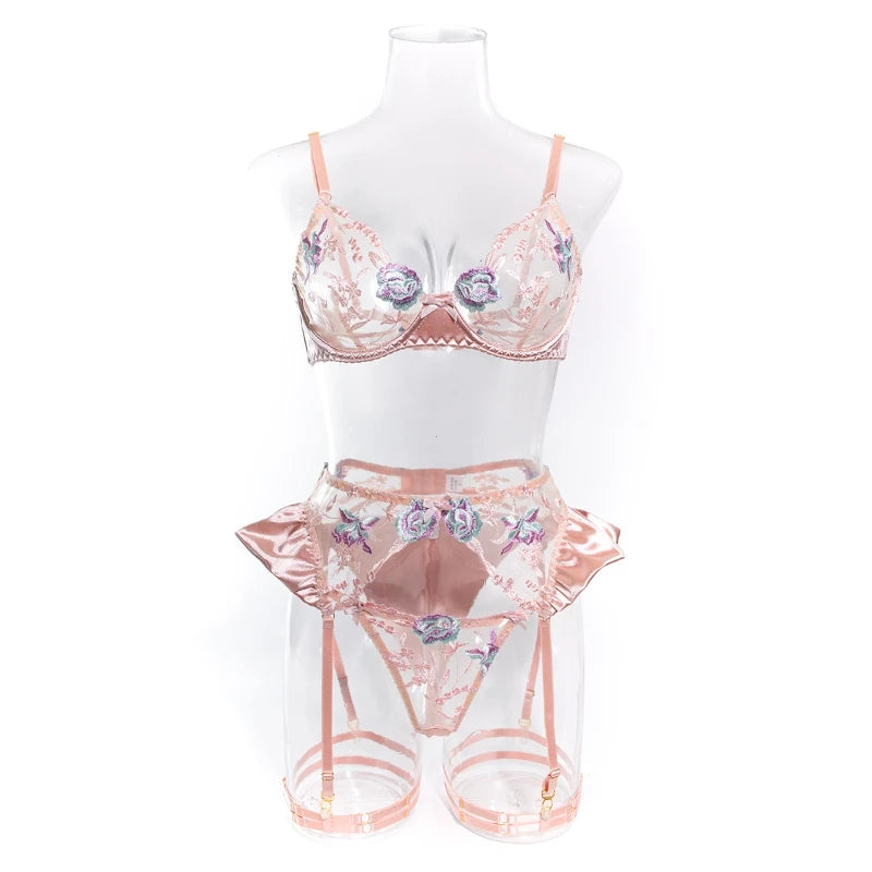 Sensual Women Lingerie Fancy Floral Sheen Silk Underwear Transparent Garter Exotic Sets Fairy Luxury Intimate Goods
