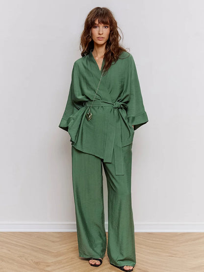Mozuleva Women's Long Sleeved Pajama Set New Autumn Green Lace Up Pajamas Loose Pants Leisure Home Clothing 2-piece Set