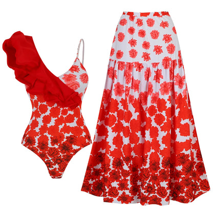 2025 New 2-Piece Shoulder Ruffle Swimsuit With Cover Up Sexy Women Swimwear Push Up Biquini Bathsuit Bodysuit Beachwear Dress