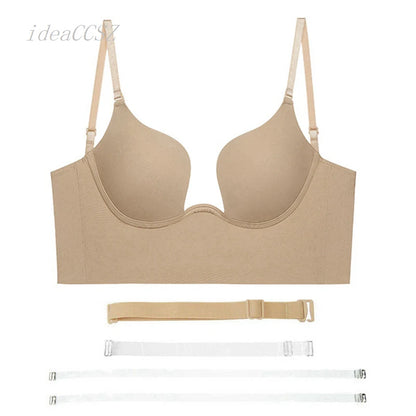Women Invisible Bra Deep U Plunge Bras Backless Top for Dresses Sexy Lingerie with Transparent Strap Push Up Strapless Underwear