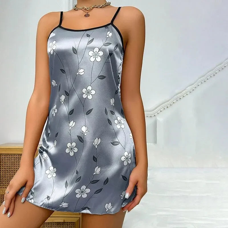 2026 Women Sleepdress Satin Floral Print Nightdress Comfortable Spaghetti Strap Sleepwear Dress Luxurious Satin Slip Nightdress
