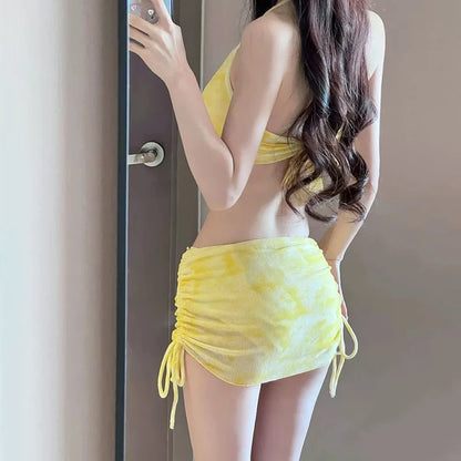 women Sexy 3pcs Bikini Set Slimming Wrap Skirt Beach Resort Hot Spring Swimsuit Cover Up Swimwear for Vacation Thermal Spa