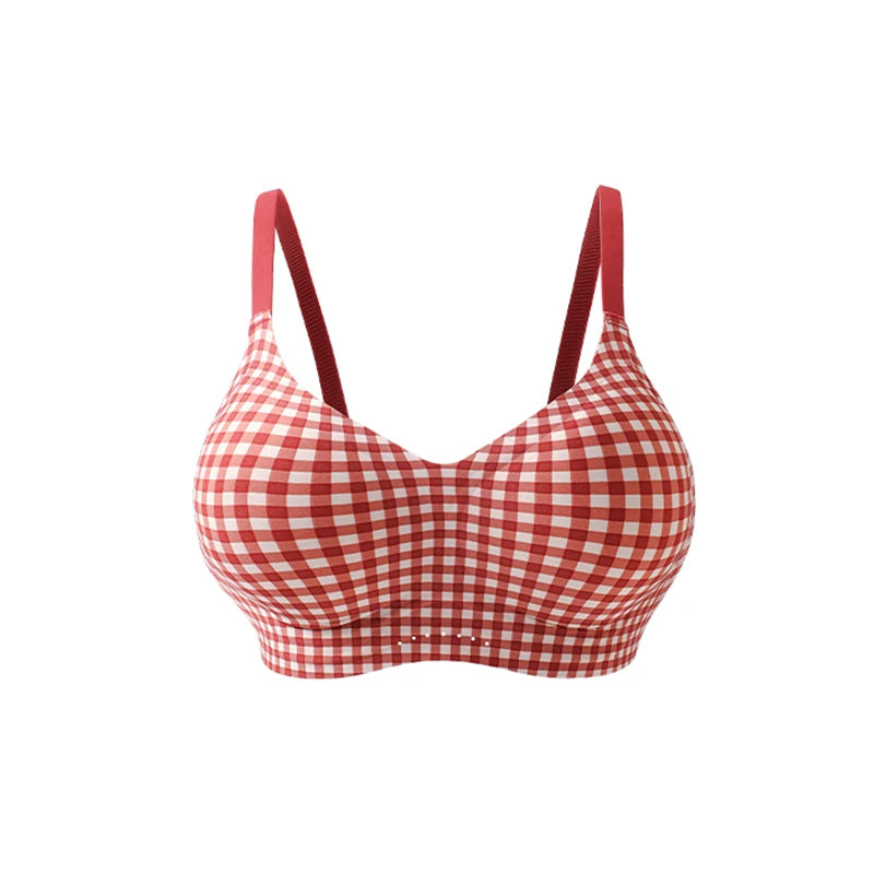 FallSweet Classical Red Plaid Push Up Bra for Women Seamless Wireless Bralette Female Invisible Brassiere Small Breasts Lingerie