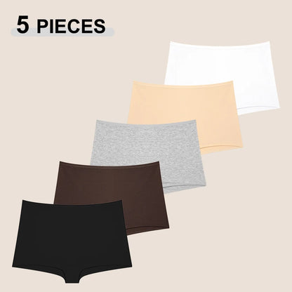 5Pcs/Set Seamless Cotton Boyshorts Panties For Women Solid Color High Waist Elastic Underwear Soft Cozy Breathable Boxer Short