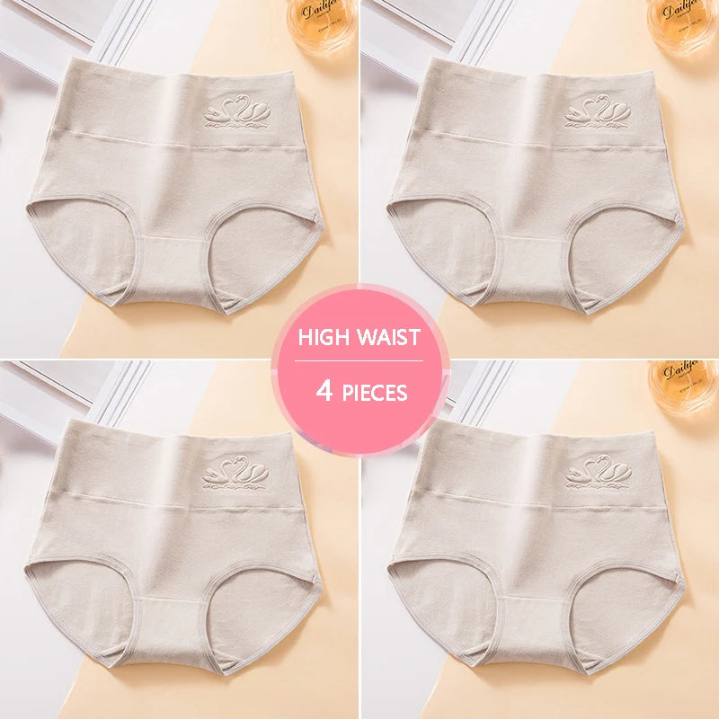 Plus Size M-5XL 4Pcs/Set High Waist Cotton Panties Women Body Shaper Underwear Soft Print Girls Briefs Slimming Female Lingerie