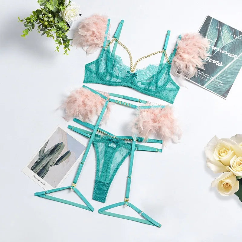 3-Piece Feather Decorated Lace Exotic Sets Women Sexy Patchwork Lingerie Set Chain Bra Panty Garter Underwear Kit For Female