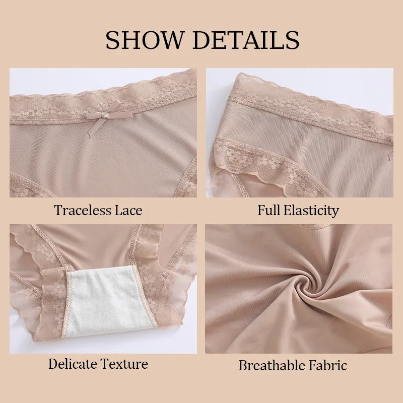 3Pcs/Set Women Ice Silk Sexy Lace Seamless Briefs Comfortable Stretchy Semi Sheer French-Cut Panties Women Underwear Breathable
