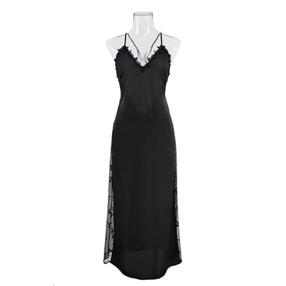 Women Backless Kimono Dressing Gown Sexy Perspective Nightgown Satin Sleepdress Lace Patchwork Nightwear Ultra Long Loungewear