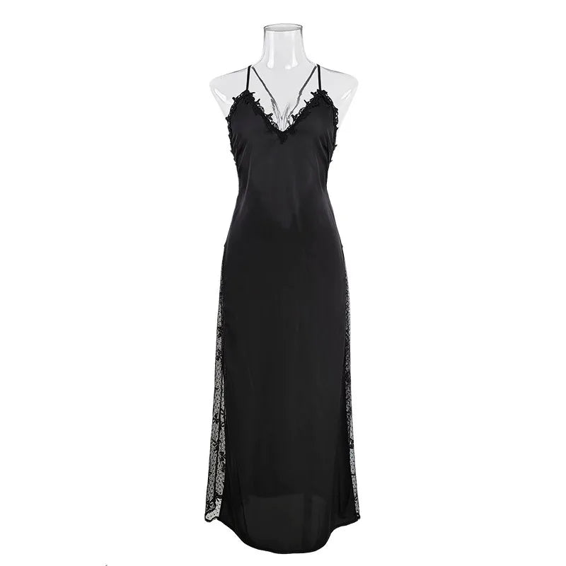 Women Backless Kimono Dressing Gown Sexy Perspective Nightgown Satin Sleepdress Lace Patchwork Nightwear Ultra Long Loungewear