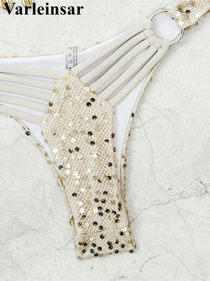 Shiny Sequins Halter Bikini Female Swimsuit Women Swimwear Two-pieces Bikini set Brazilian Padded Bather Bathing Suit Swim V7619
