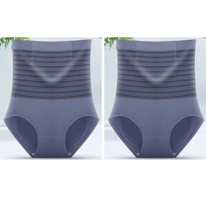 2pcs Women No Trace High Waist Shaping Briefs Body Shaper Slimming Underwear Butt Lifter Control Panties Stripe Shapewear Pants