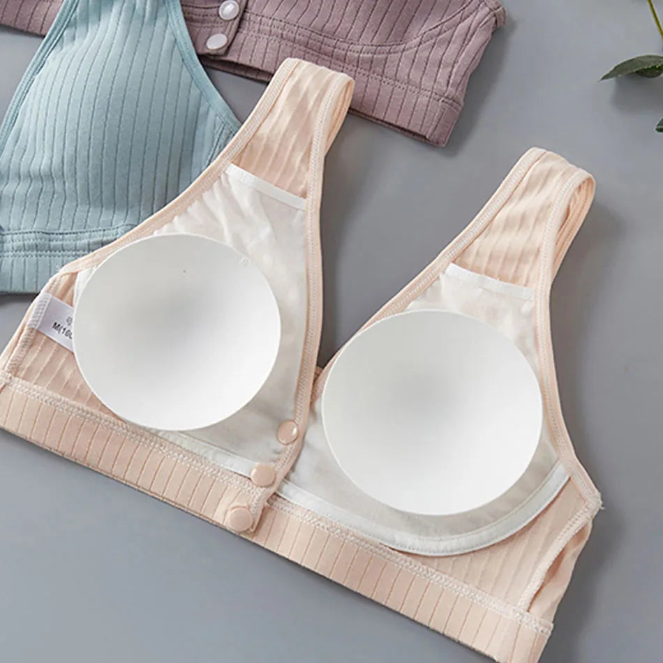 Cotton Nursing Bra for Pregnant Women Padded Ribbed Wire-Free Breathable Bralette Front Opening Breastfeeding Maternity Clothing