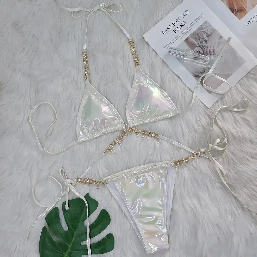 Sexy Halter Shiny Diamond Bikini Women Swimwear Female Swimsuit Laser Metallic Bikini Set Brazilian Bathing Suit Swim Beach Wear