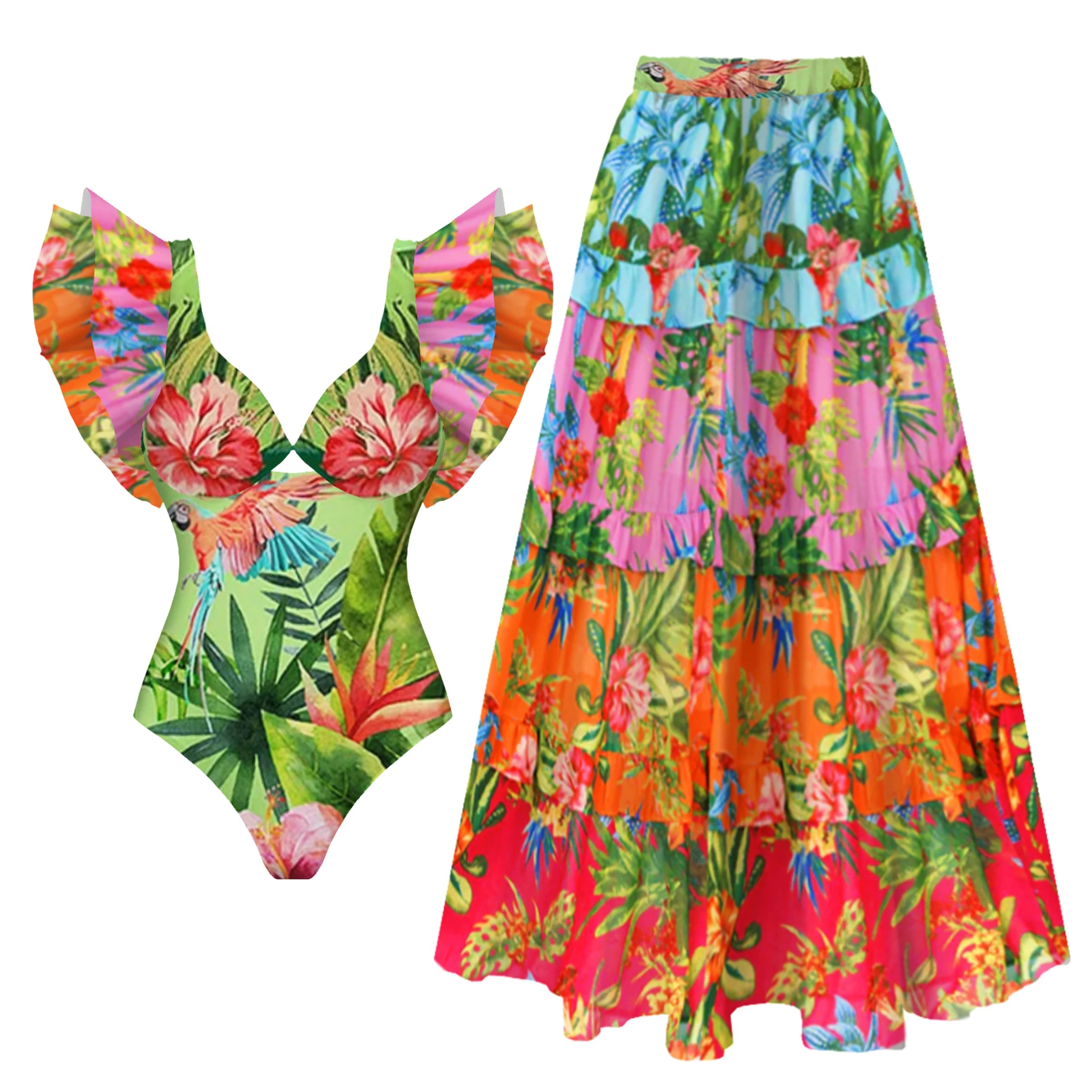 2025 New 2-Piece Shoulder Ruffle Swimsuit With Cover Up Sexy Women Swimwear Push Up Biquini Bathsuit Bodysuit Beachwear Dress