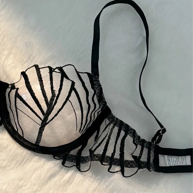 2pcs Women's Bra Set Sexy Lace Mesh Lingerie Set Ultra Thin Breathable Comfortable Lightweight Scallop Transparent Lingerie Set