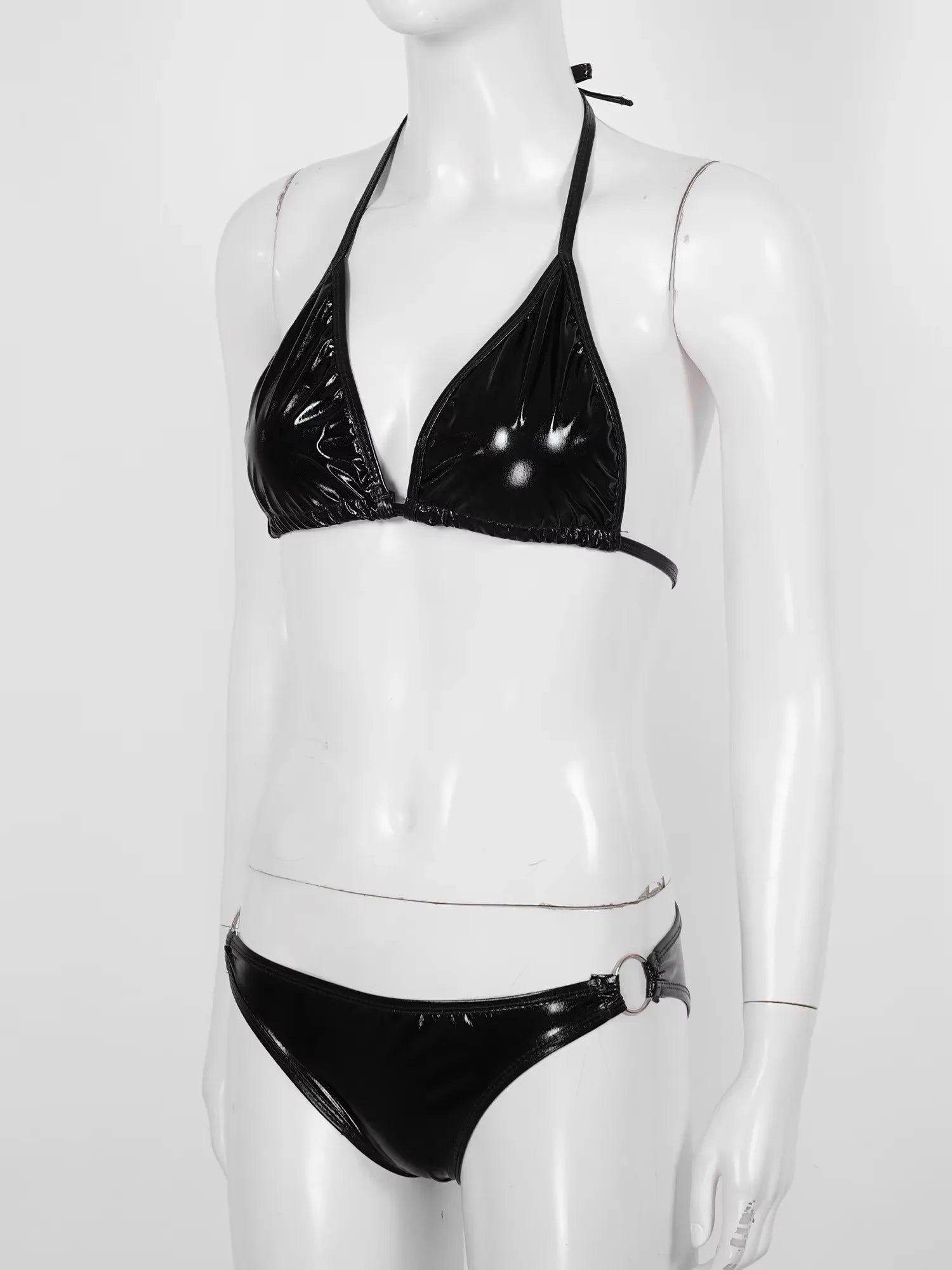 Womens Micro Bikini Set Shiny Metallic Bra Top with Thong 2 Piece Lingerie Set Extreme Swimwear Swimsuit Sexy Bathing Suit
