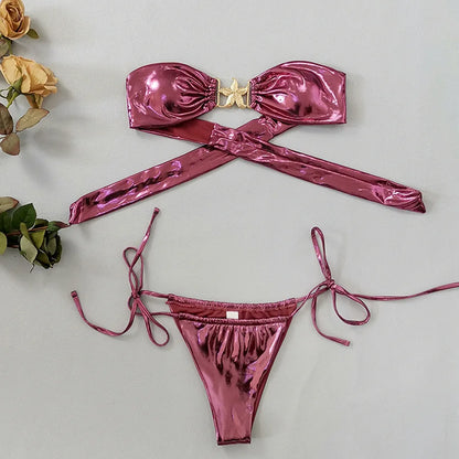 2024 Gem Blue Glossy Bikini Women's Clothing Swimsuit Summer Beach Vacation Outfits Thong Bathing Suit Bandeau Backless Swimwear