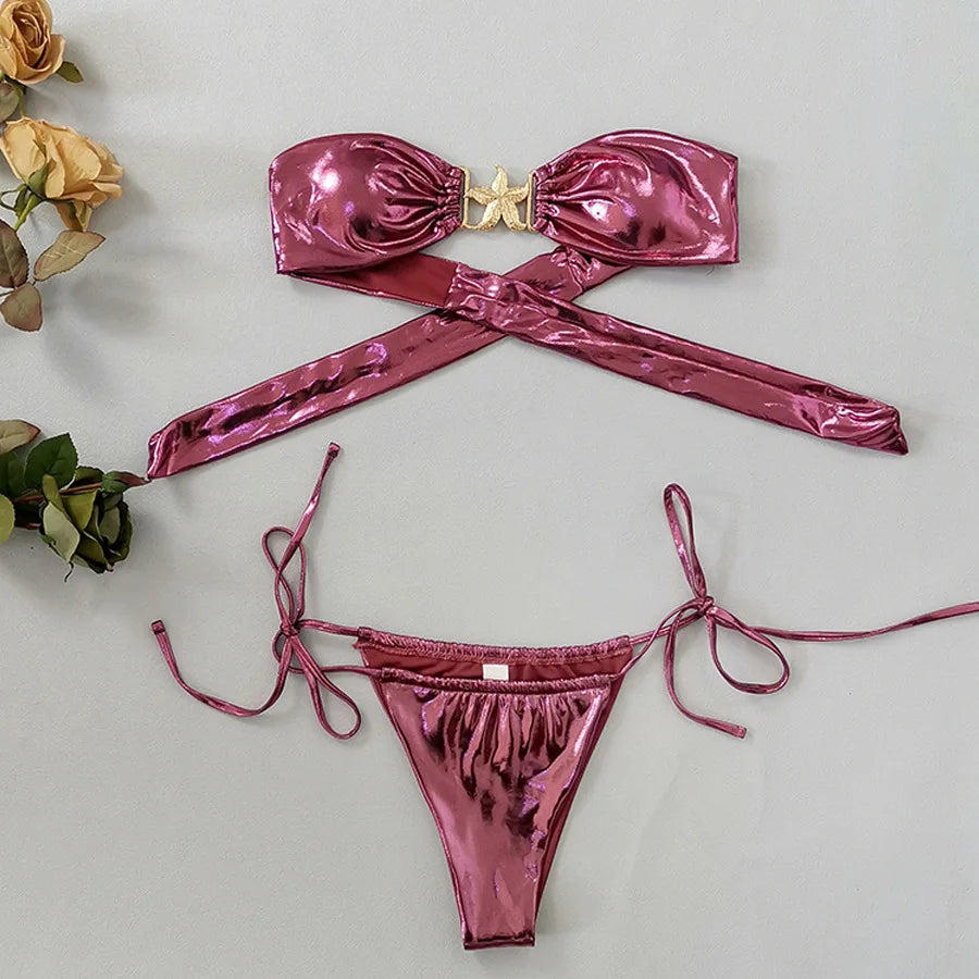 2024 Gem Blue Glossy Bikini Women's Clothing Swimsuit Summer Beach Vacation Outfits Thong Bathing Suit Bandeau Backless Swimwear