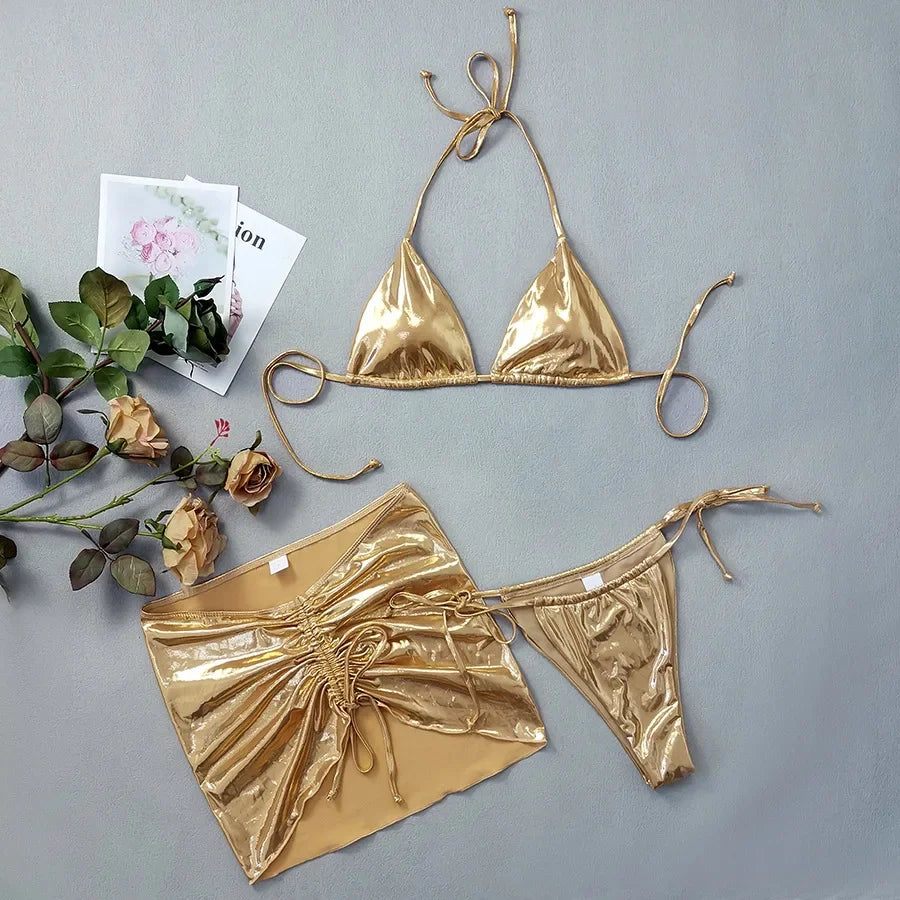 Shiny Golden Silver 3 Piece Bikini Set with Cover Up Sexy Micro Thong Swimsuit Women 2025 Drawstring Halter Swimwear Beachwear