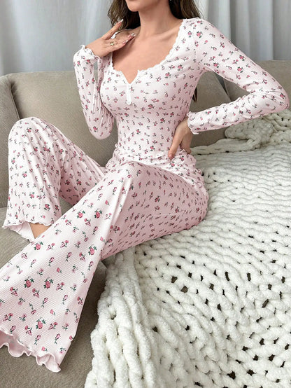 Women's Autumn/Winter Floral Long-Sleeve Pajama Set - Comfortable V-neck Ribbed Cotton Loungewear