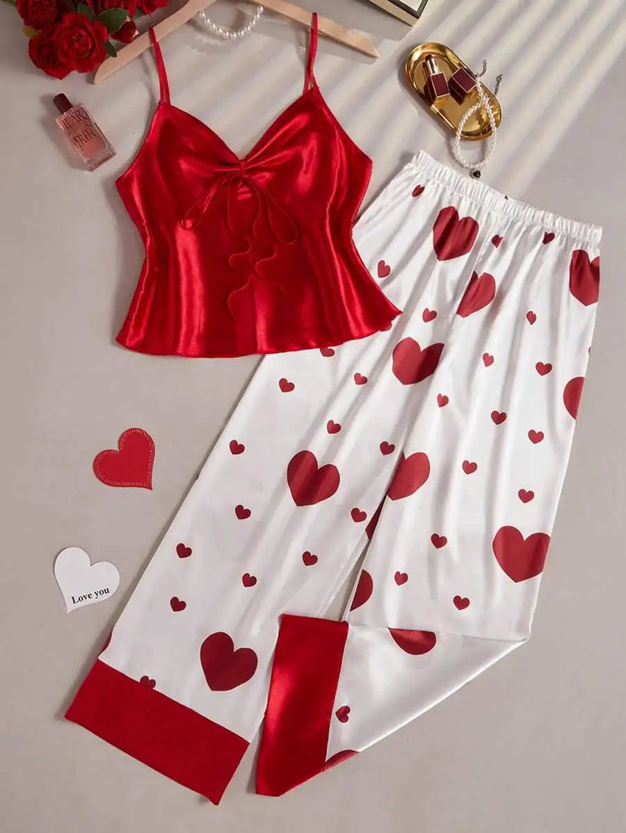 Women Satin Silk Pajamas Sets 2pcs Camisole Top With Tie Knot Heart Print Wide Leg Pants Sleepwear Ladie Sexy Lingerie Pyjamas