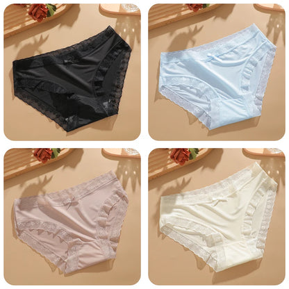4Pcs Ice Silk Lace Panties Seamless Soild Underwear For Women Sexy Ultra-thin Breathable Briefs Girls Soft Transparent Lingerie