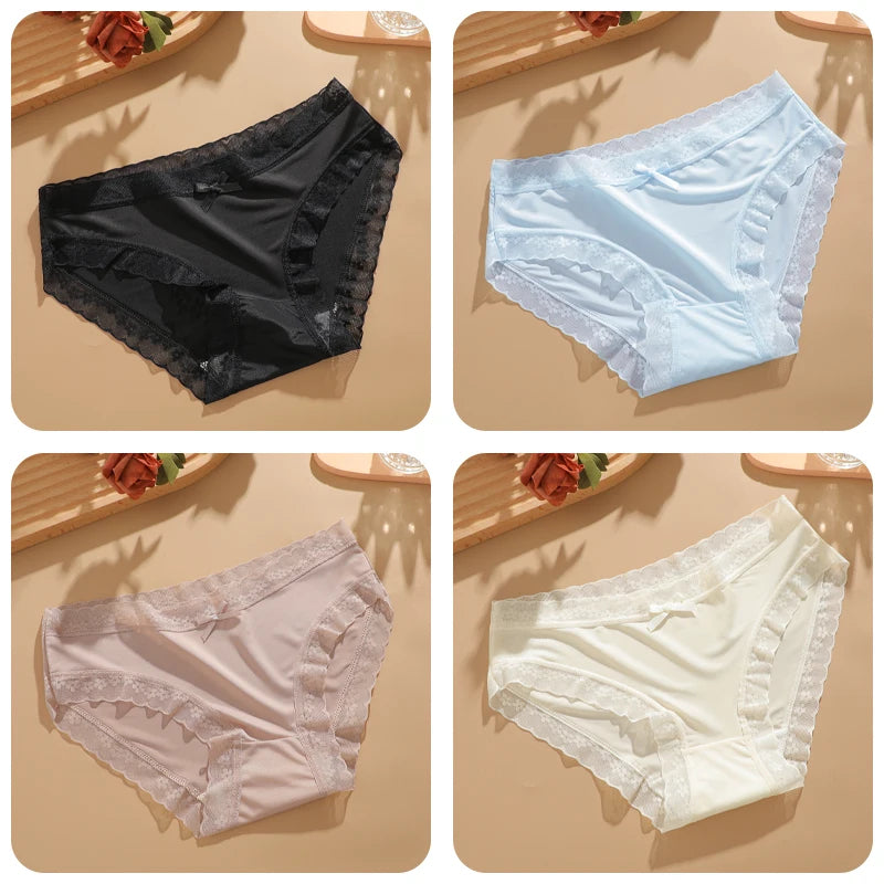 4Pcs Ice Silk Lace Panties Seamless Soild Underwear For Women Sexy Ultra-thin Breathable Briefs Girls Soft Transparent Lingerie