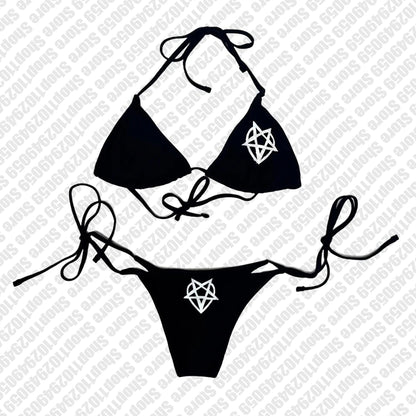 2000s  Woman Punk New Beach Swimwear Emo Girls Y2k Style Gothic Grunge Swimsuit  Bikini Y2K Bathing Suits Halter Strappy Lace Up