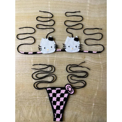 Sanrio Cute Bikini Set Crochet Girls Swimsuit Hello Kitty Sexy Bathing Suit Kwaii Women Swim Suit Bandage Micro Bikinis Swimwear