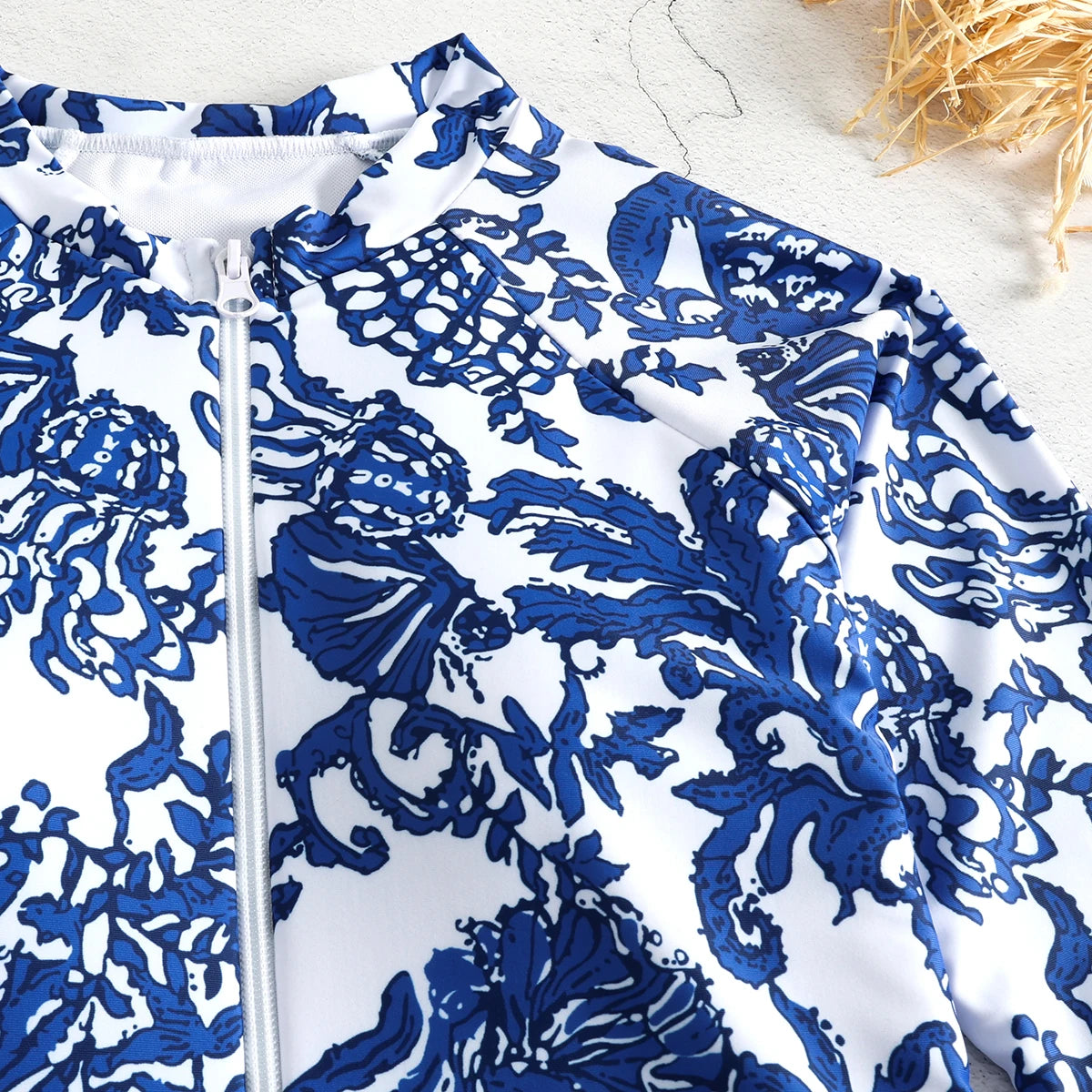 One Piece Swimsuit Long Sleeve Zip Front Blue White One Piece Surf Swimsuit and Sarong Swimwear Slimming Bathing Suit Beach Wear