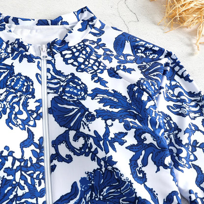 One Piece Swimsuit Long Sleeve Zip Front Blue White One Piece Surf Swimsuit and Sarong Swimwear Slimming Bathing Suit Beach Wear