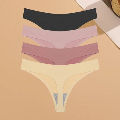 4PCS Ultra-thin Seamless Underwear Women's Invisible Panties Sexy Ice Silk Thongs Low Waist Breathable Bikini Stretchy Lingerie