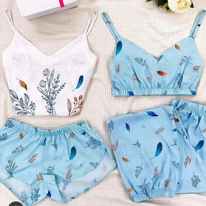 New Satin Silk Pajamas Set for Women Flower Print Sleepwear Sexy V-neck Sleeveless Top Nightwear Pijamas Home Clothes Loungewear