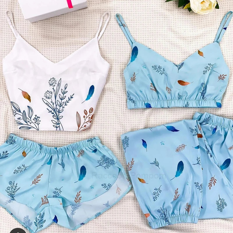 New Satin Silk Pajamas Set for Women Flower Print Sleepwear Sexy V-neck Sleeveless Top Nightwear Pijamas Home Clothes Loungewear