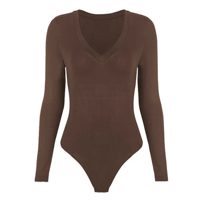 Sexy Solid Black White Bodysuit Women's V Neck Long Sleeve Slim Bodycon One Piece Jumpsuit Top