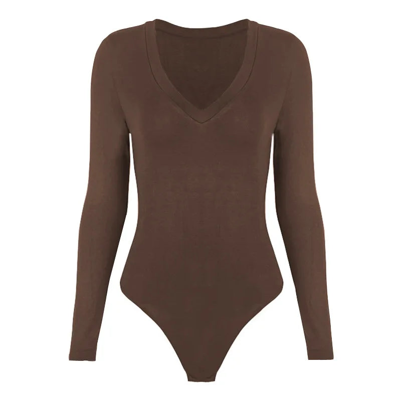 Sexy Solid Black White Bodysuit Women's V Neck Long Sleeve Slim Bodycon One Piece Jumpsuit Top