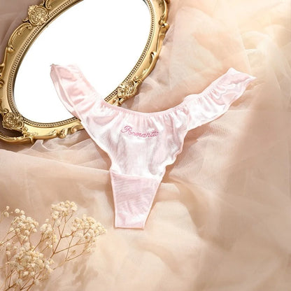 Sweet Pink Satin Silk Ruffle Thong Sexy Low Waist G-String Briefs for Women Ice Silk Underwear Female Intimates Lingerie