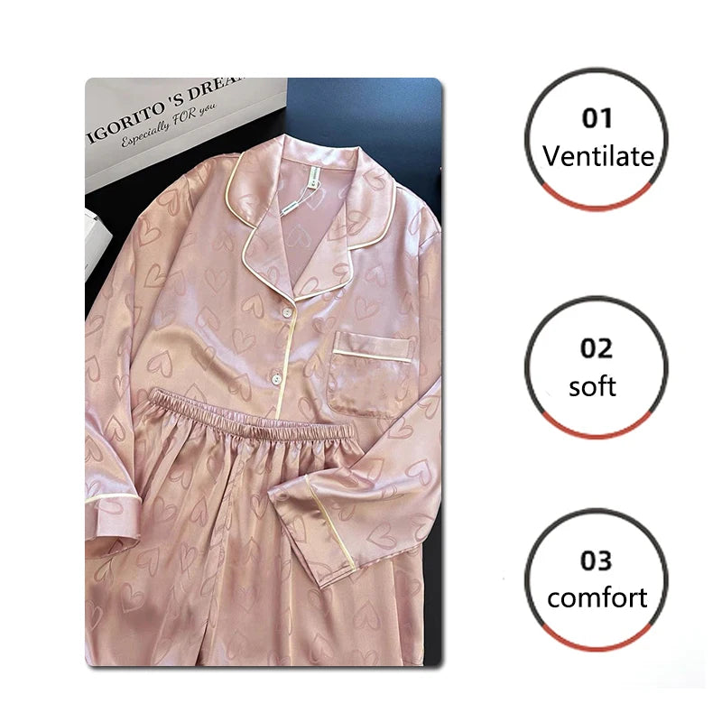Ice Silk Pajamas Women's Long Sleeve Lace Premium Sense Two Piece Suit Sweet Homewear Love Blue Ladies Sleepwear Loungewear