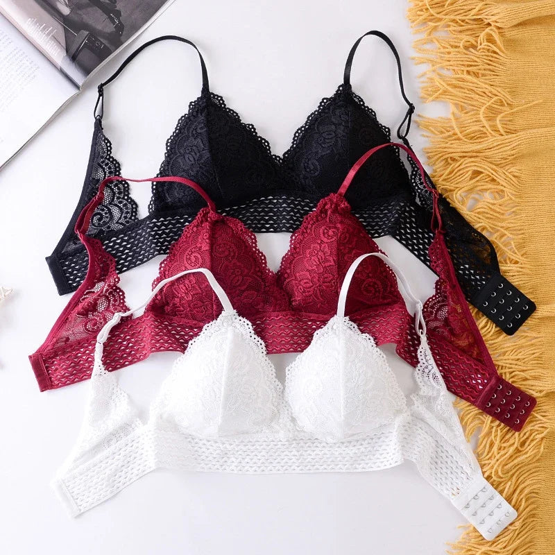 Lace Triangle Cup Padded Bra Women Embroidery Hollow Underwear Sexy Floral Deep V Brassiere Seamless Push Up Bralette Lingerie