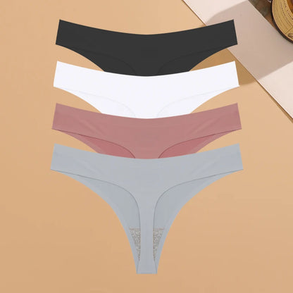 4PCS Ultra-thin Seamless Underwear Women's Invisible Panties Sexy Ice Silk Thongs Low Waist Breathable Bikini Stretchy Lingerie