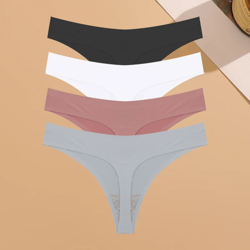 4PCS Ultra-thin Seamless Underwear Women's Invisible Panties Sexy Ice Silk Thongs Low Waist Breathable Bikini Stretchy Lingerie