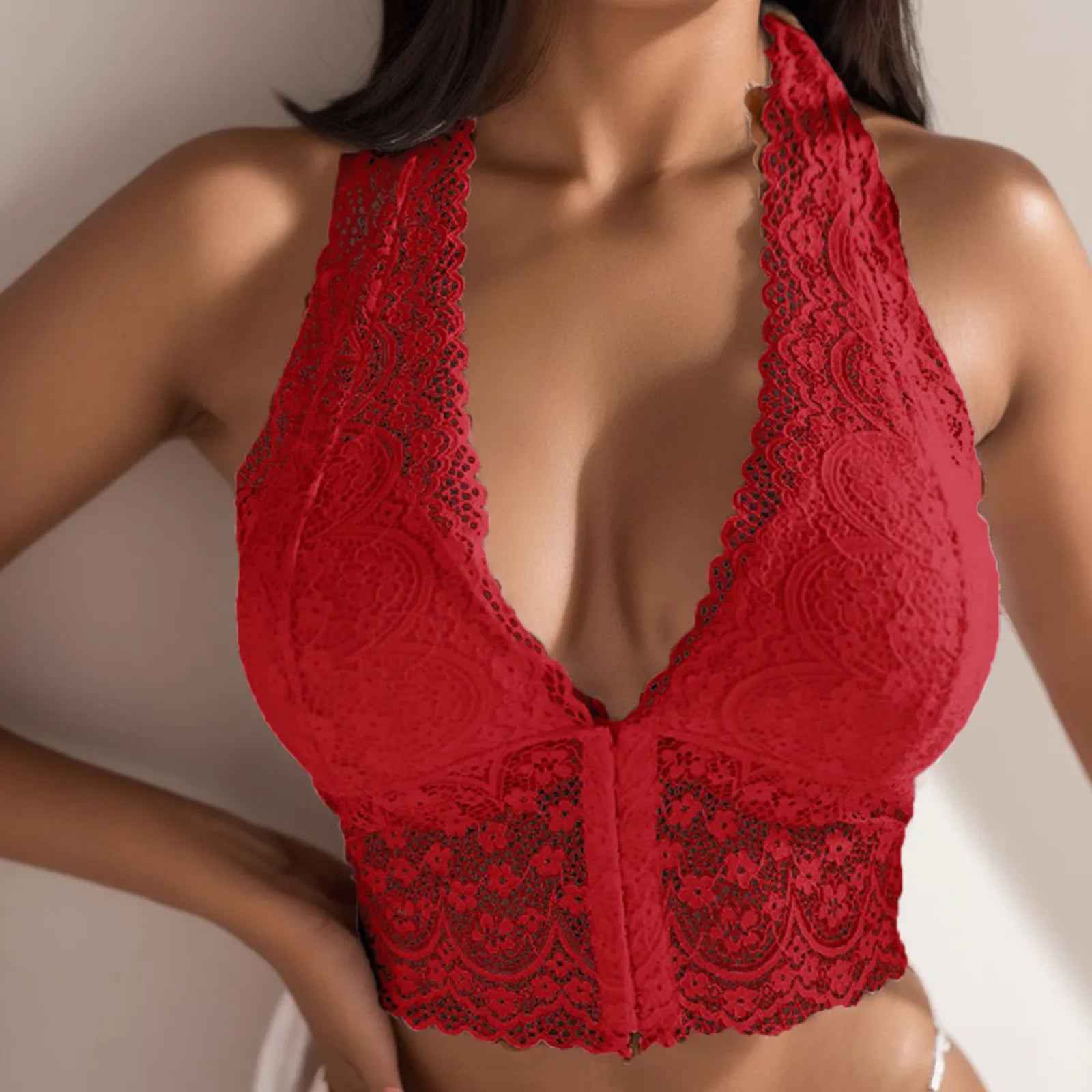 Seamless Bras For Woman Floral Lace Plus Size Sleeveless Corset Crop Tops Halter Neck Buckle Bralette Low-Cut Underwear Women