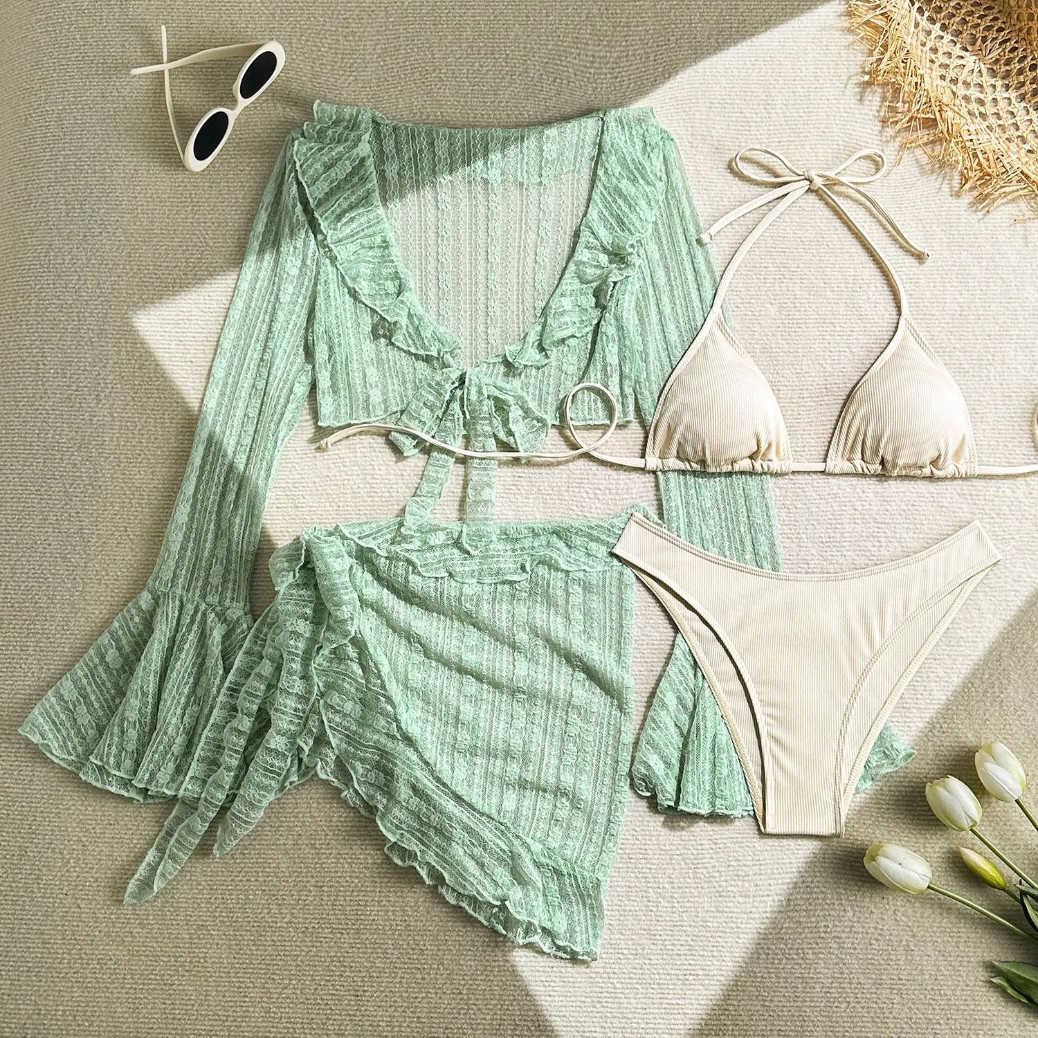 2025 new lace mesh four-piece swimsuit split bikini swimsuit