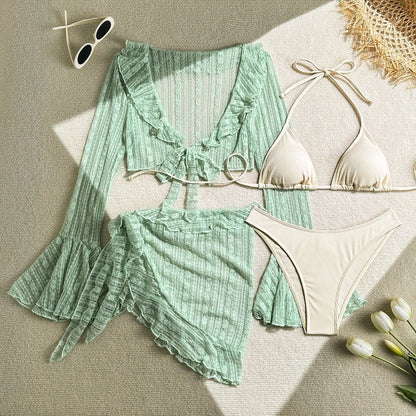 2025 new lace mesh four-piece swimsuit split bikini swimsuit
